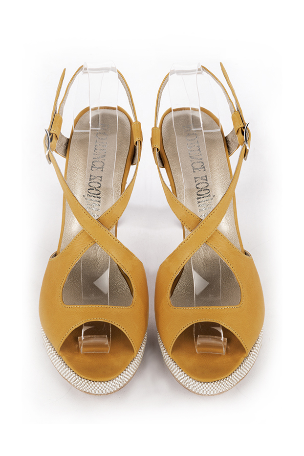 Mustard yellow women's open back sandals, with crossed straps. Round toe. Very high slim heel with a platform at the front. Top view - Florence KOOIJMAN